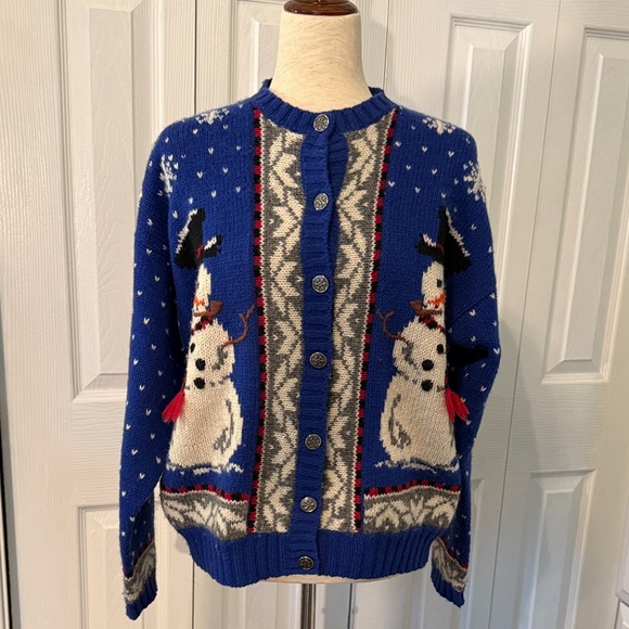 Woolrich Snowman Cardigan Sweater – Blue Knit Winter Holiday 100% Sz M - Picture 1 of 12